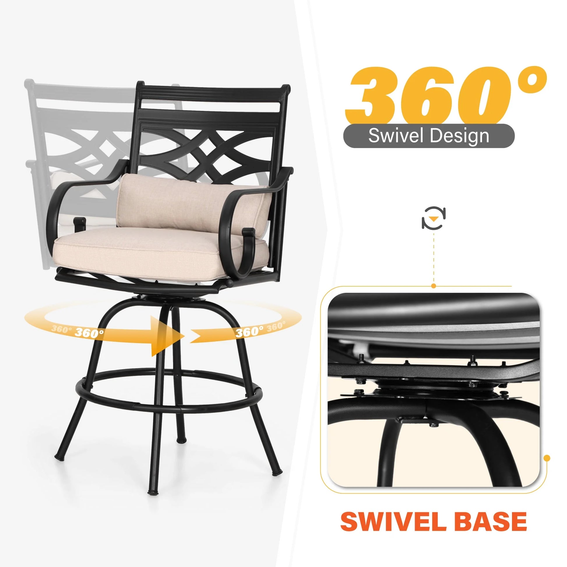 Veransa Vista 2 Piece Patio Outdoor Swivel Bar Stools Metal Counter Height Chairs with Cushions