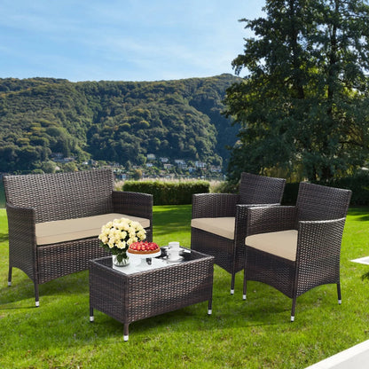 Gymax 4PCS Patio Rattan Outdoor Furniture Set w/Cushioned Chair Loveseat Table
