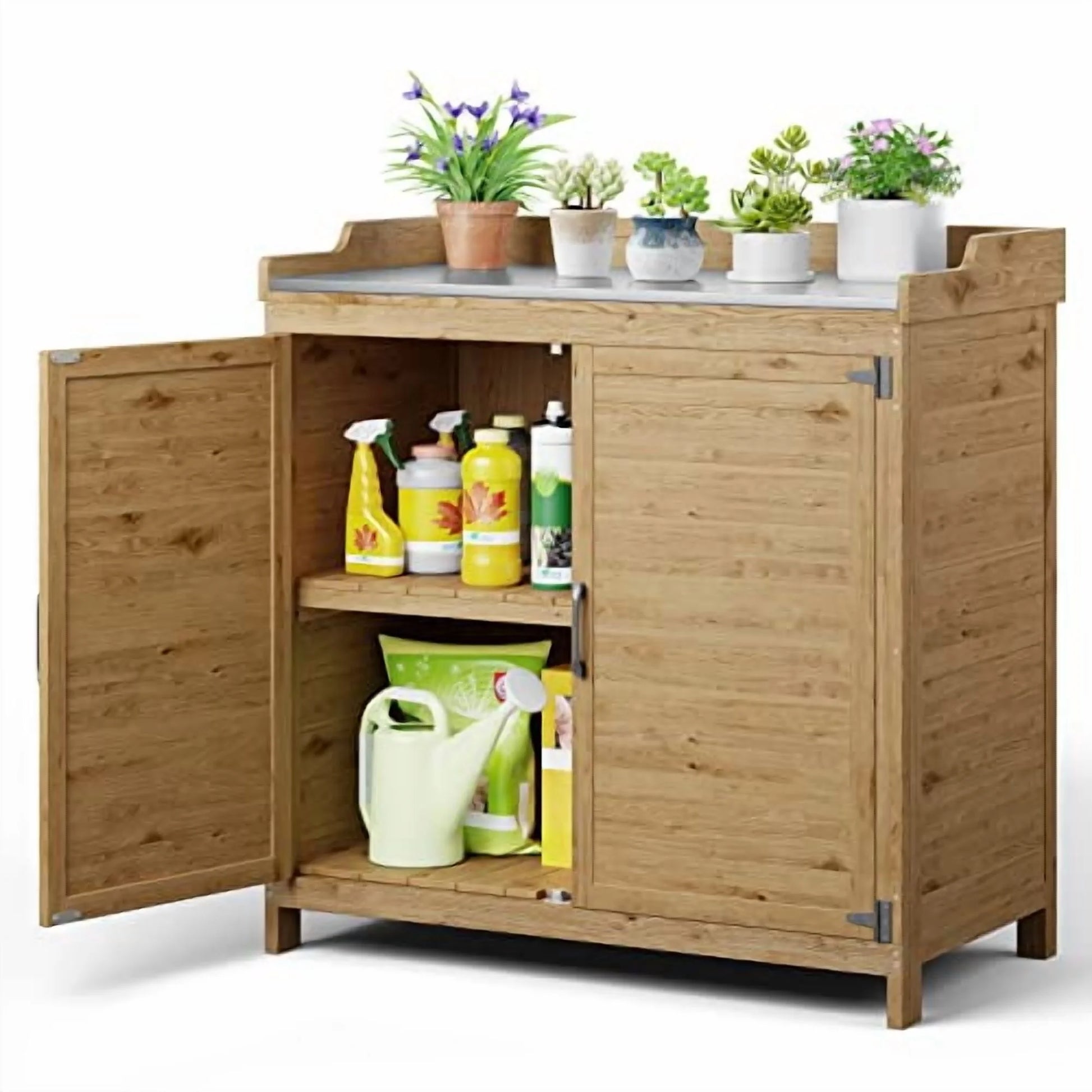 Gizoon Outdoor Potting Bench with Metal Tabletop, Outdoor Garden Patio Wooden Storage Cabinet with Adjustable Shelf, Double Doors Garden Work Bench for Backyard, Patio, Lawn - Natu