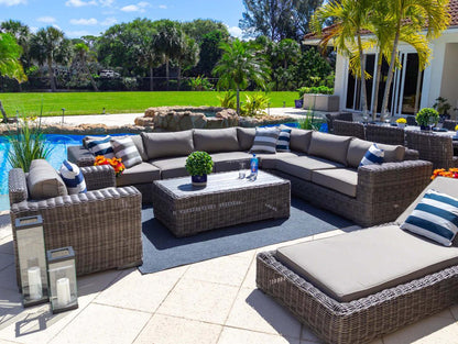 Malmo 18-Piece Resin Wicker Outdoor Patio Furniture Combination Set in Gray w/Sectional Set, Eight-seat Dining Set, and Chaise Lounge Set (Full-Round Gray Wicker, Polyester Light Gray)