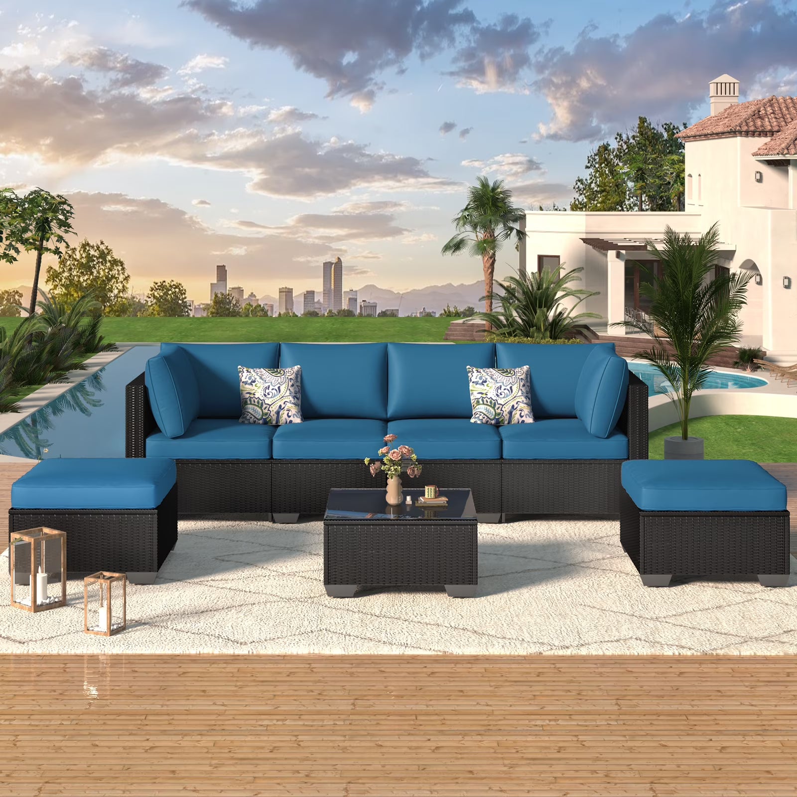 YODOLLA 7 Pc Patio Furniture Set in Beige Cushion& Black PE Rattan Outdoor Sectional Sofa Couch Patio Conversation Set with Table