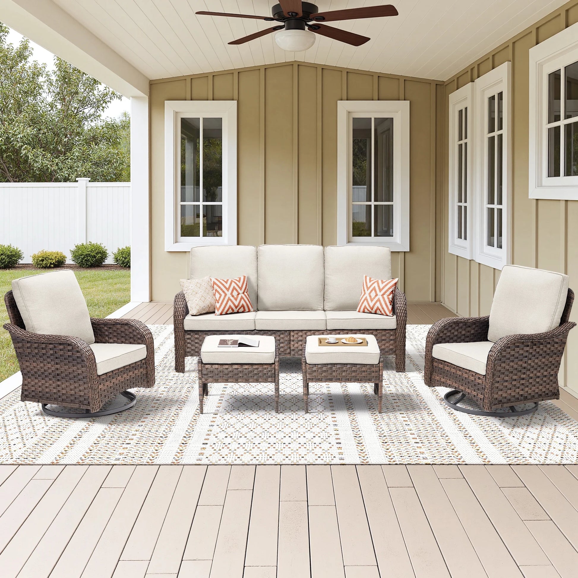 Planntonneo 5 Pieces Wicker Patio Furniture Set Deals, Outdoor Couch Set with Swivel Rocking Chairs and Ottomans for Porch Backyard Garden