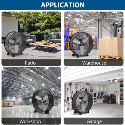 Danolapsi 30 Inch Industrial Drum Fan, 3-Speed High Velocity Floor Fan, Heavy Duty Metal Air Circulator with Caster Handle for Patios, Warehouses, Commercial, Factories and Workshops