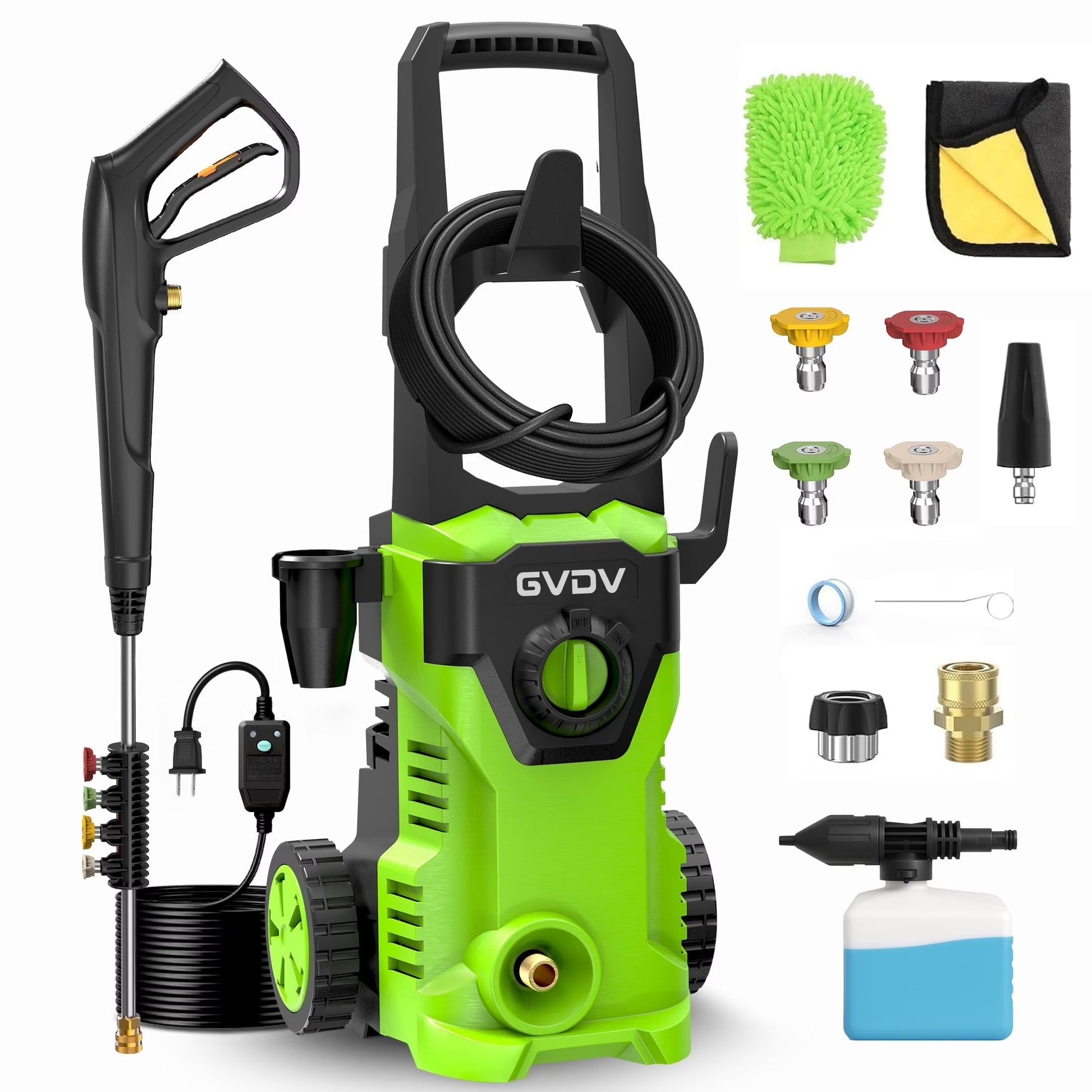GVDV Electric Pressure Washer, 3400 PSI 2.1 GPM with Foam Cannon & 5 Nozzles, 26.4ft Cord & 24.6ft Hose Power Washer for Patios, Cars, Decks