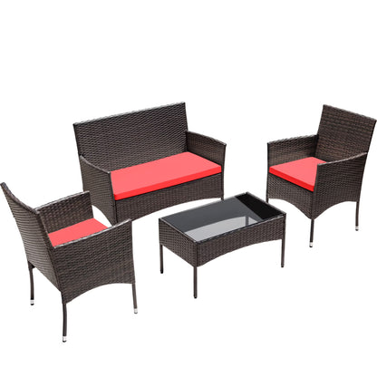 Lacoo 4 Pieces Patio Conversation Set Outdoor PE Rattan Wicker Chairs Set and Table, Brown