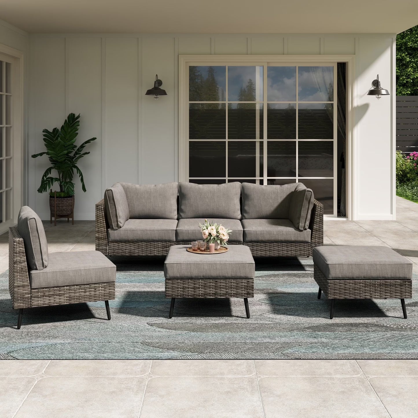 LAUSAINT HOME 6 Pieces Outdoor Furniture Set, Patio Rattan Wicker Sectionals with 4 Chairs and 2 Ottomans, Beige Cushions