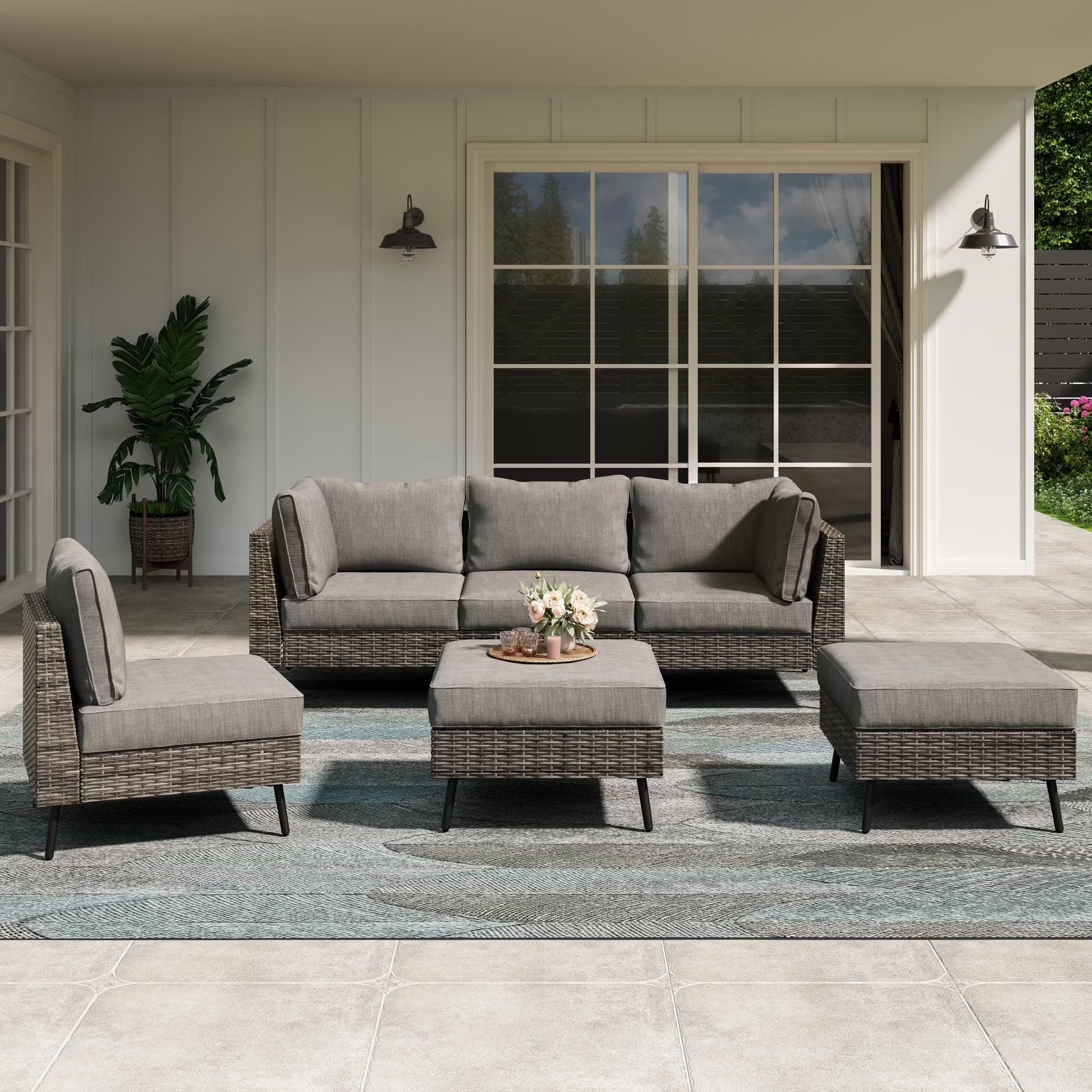 LAUSAINT HOME 6 Pieces Outdoor Furniture Set, Patio Rattan Wicker Sectionals with 4 Chairs and 2 Ottomans, Beige Cushions
