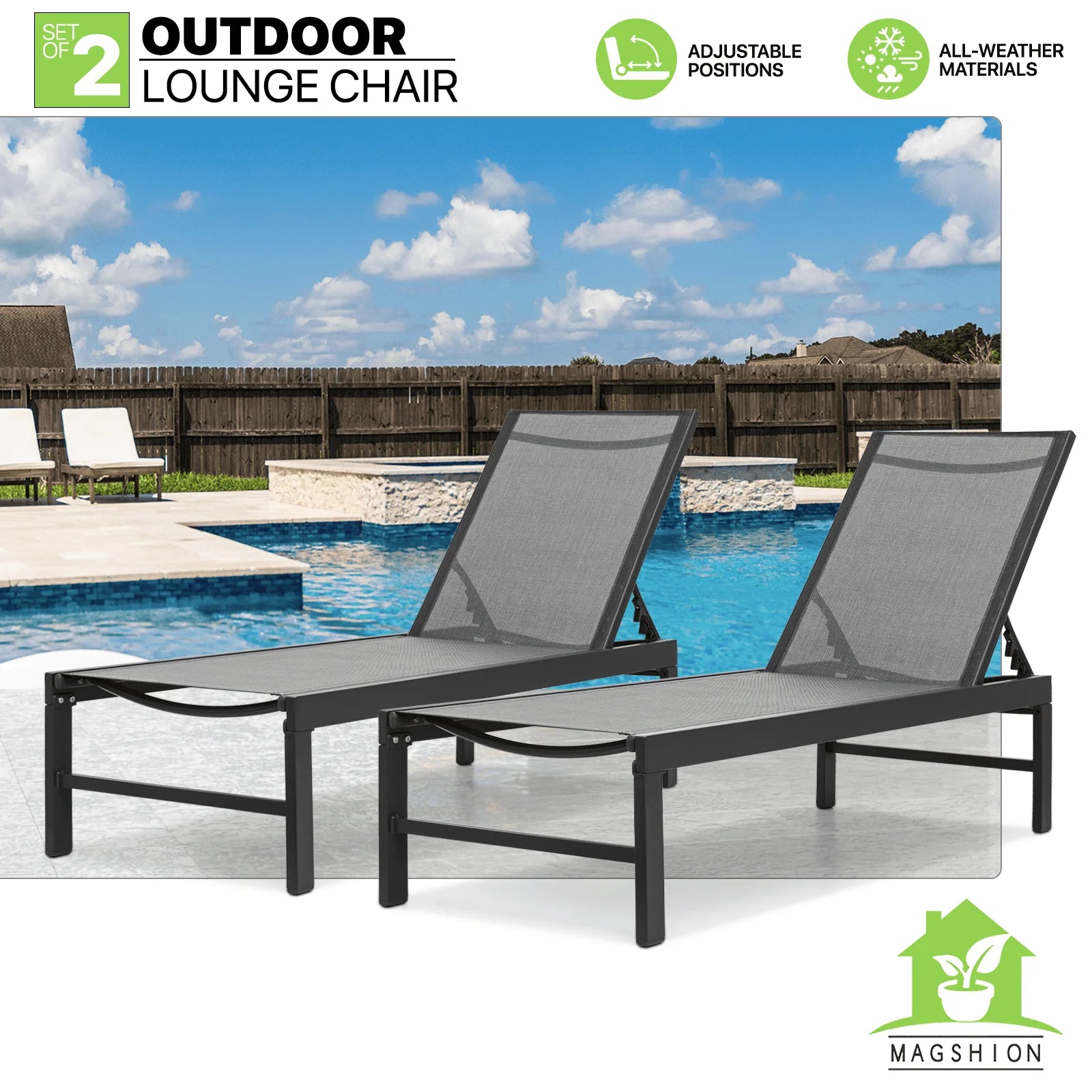 Magshion Set of 2 Patio Lounge Chairs with Adjustable Backrest, Pool Recliner Outdoor Chaise with Aluminum Frame for Beach Backyard Garden, Grey