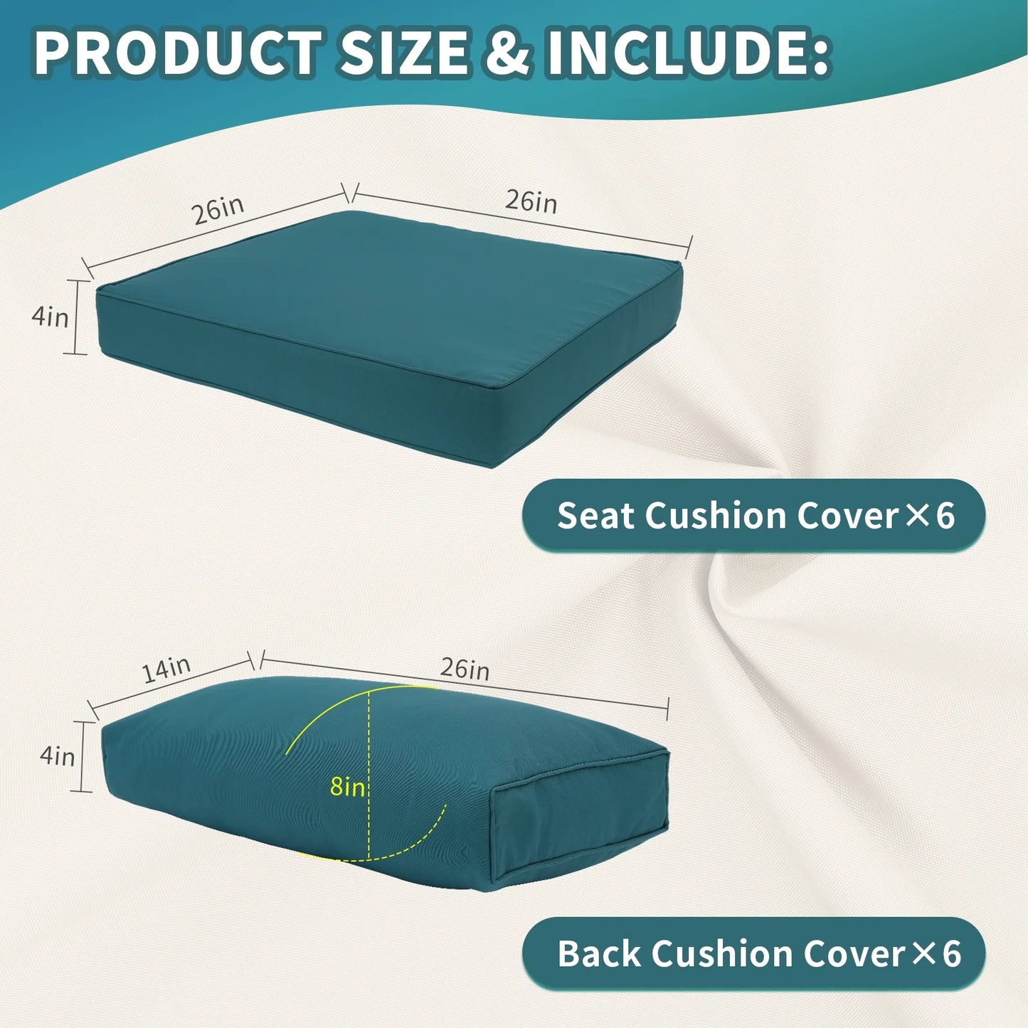 Waroom Outdoor Cushion Covers for Patio Furniture Sets, Water-Resistant Cushion Covers Replacement Set of 12pcs, Non-Slip, Peacock Blue