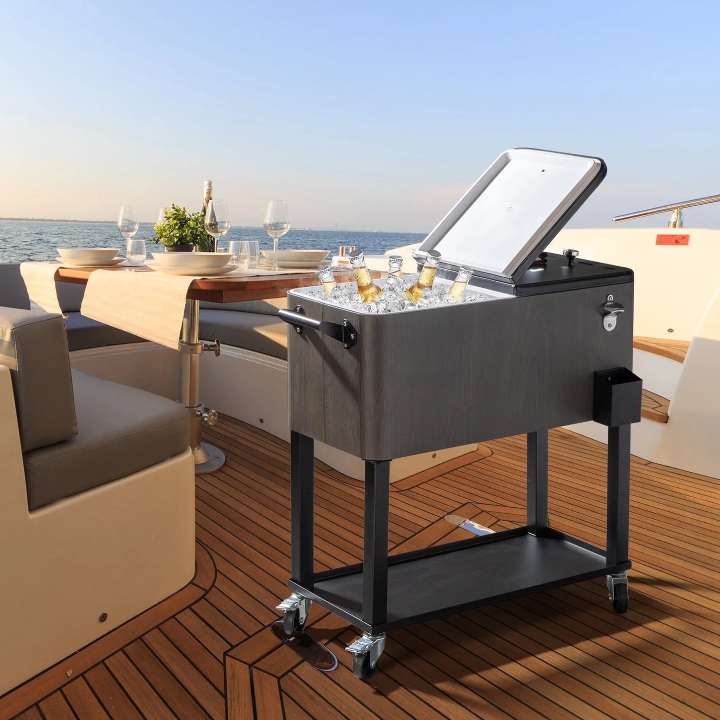 OverPatio 80QT Cooler Cart Rolling Function with Shelf Wood Grain Accent Ice Chest Gray