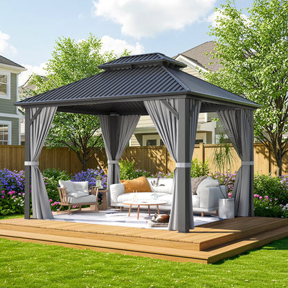 MUCHANT 10'x12' Hardtop Gazebo with Aluminum Frame, Permanent Outdoor Pavilion Metal Gazebo with Galvanized Steel Double Roof & Mosquito Netting and Curtains for Patios, Gardens, Lawns, Gray