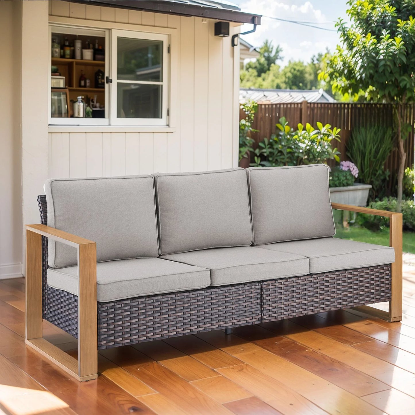 PARKWELL Outdoor 3-Seat Patio Sofa Furniture,Weather Resistant Wicker Couch with Deep Seat Anti-Slip Cushion,Gray