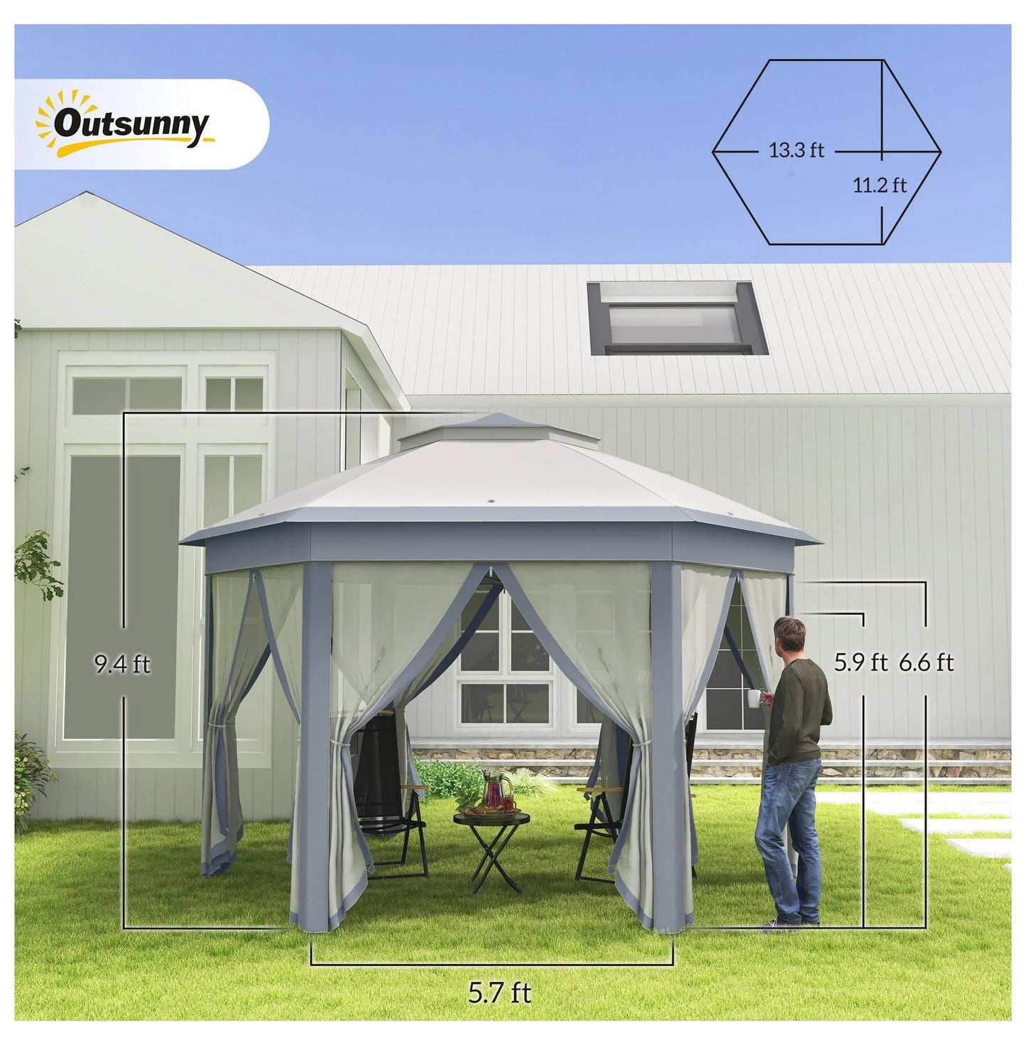 SAZYY 13'x13' Pop Up Gazebo Hexagonal Canopy Shelter with 6 Zippered Mesh Netting for Patio Backyard Garden Wedding Party