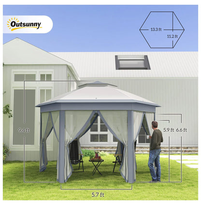 SAZYY 13'x13' Pop Up Gazebo Hexagonal Canopy Shelter with 6 Zippered Mesh Netting for Patio Backyard Garden Wedding Party