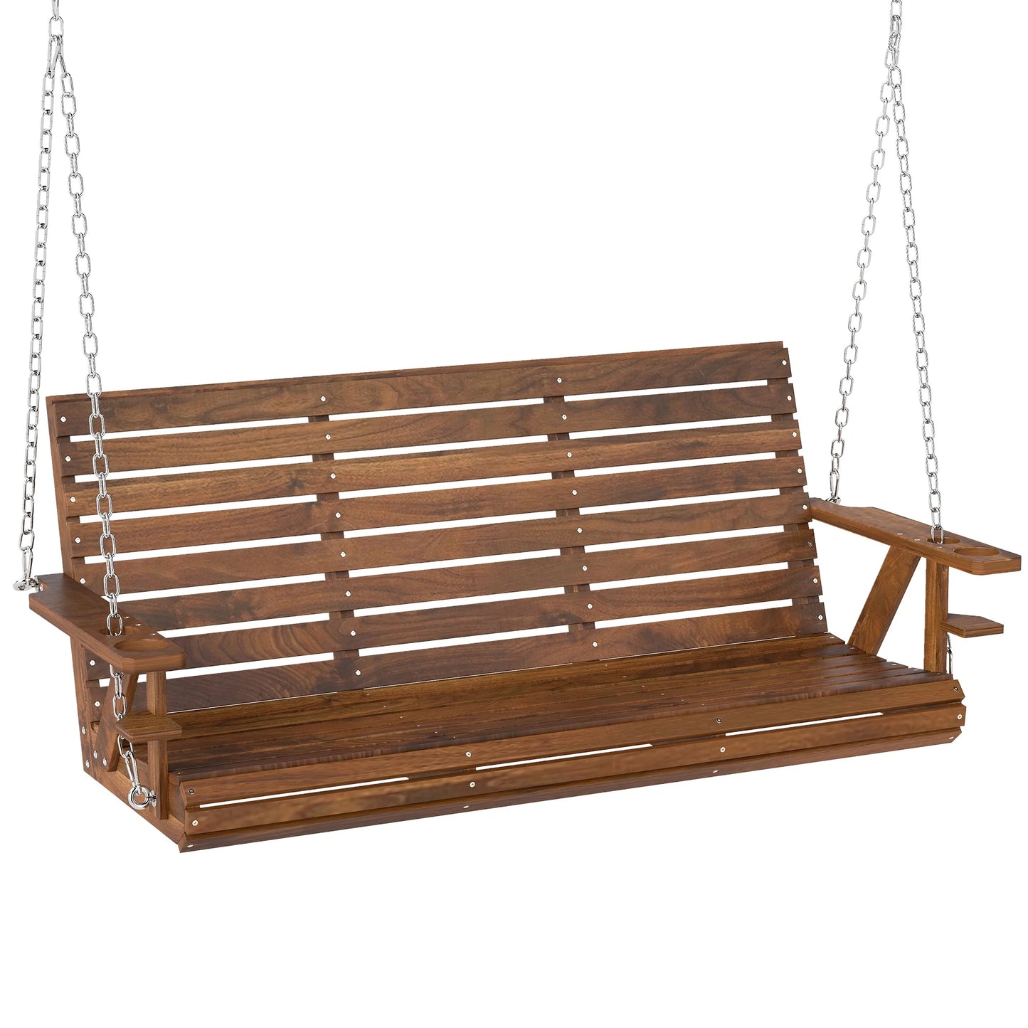 Outsunny Wooden Porch Swing 3-Seater, 5 FT Outdoor Patio Swing Bench with Cupholders, Nature Wood