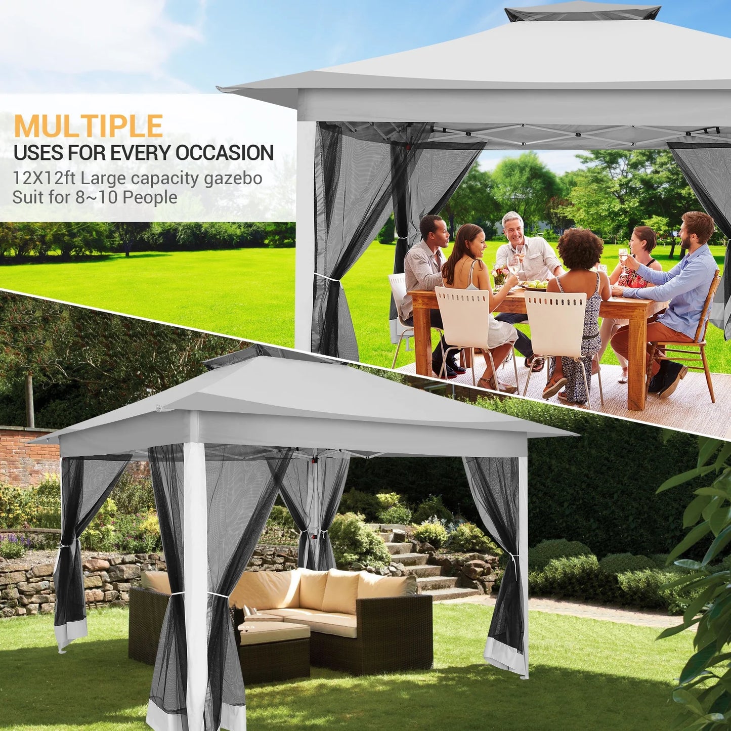 SANOPY 12x12FT Patio Gazebo Outdoor Pop up Gazebo with Mosquito Net& Four Sandbags Outdoor Party Instant Shelter Portable Folding Gazebo Waterproof and UV Protection Gazebo Tent for Backyard