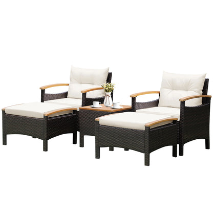 Costway 5PCS Patio Rattan Furniture Set Sofa Ottoman Cushioned Table W/Wood Top