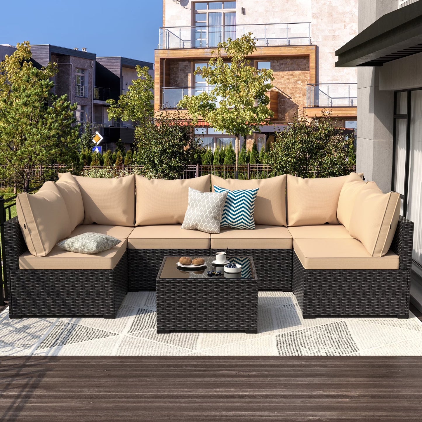 8 Piece Patio Furniture Set with 42" Propane Gas Fire Pit Table with Coffee Table,Blue