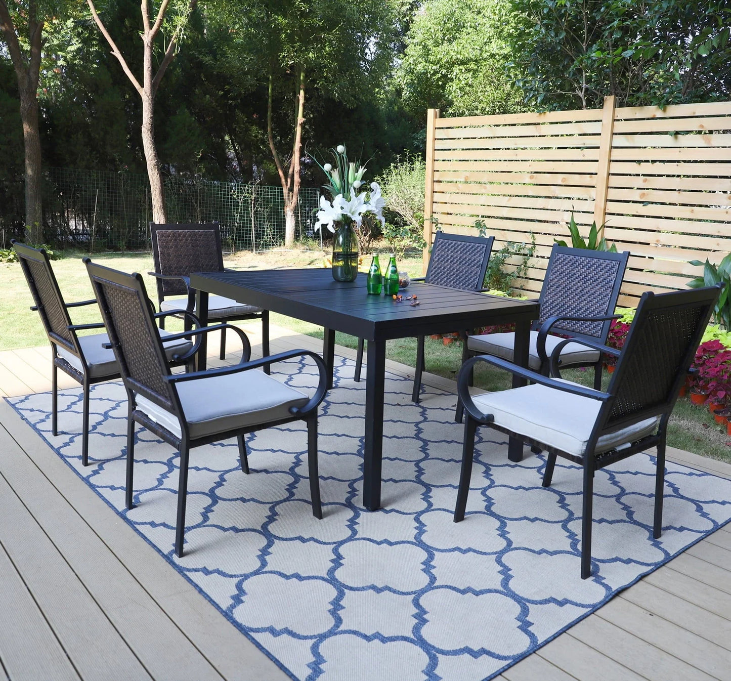 MF Studio 7 Pieces Outdoor Patio Dinning Set Cushioned Rattan Wicker Chairs with Extendable Table