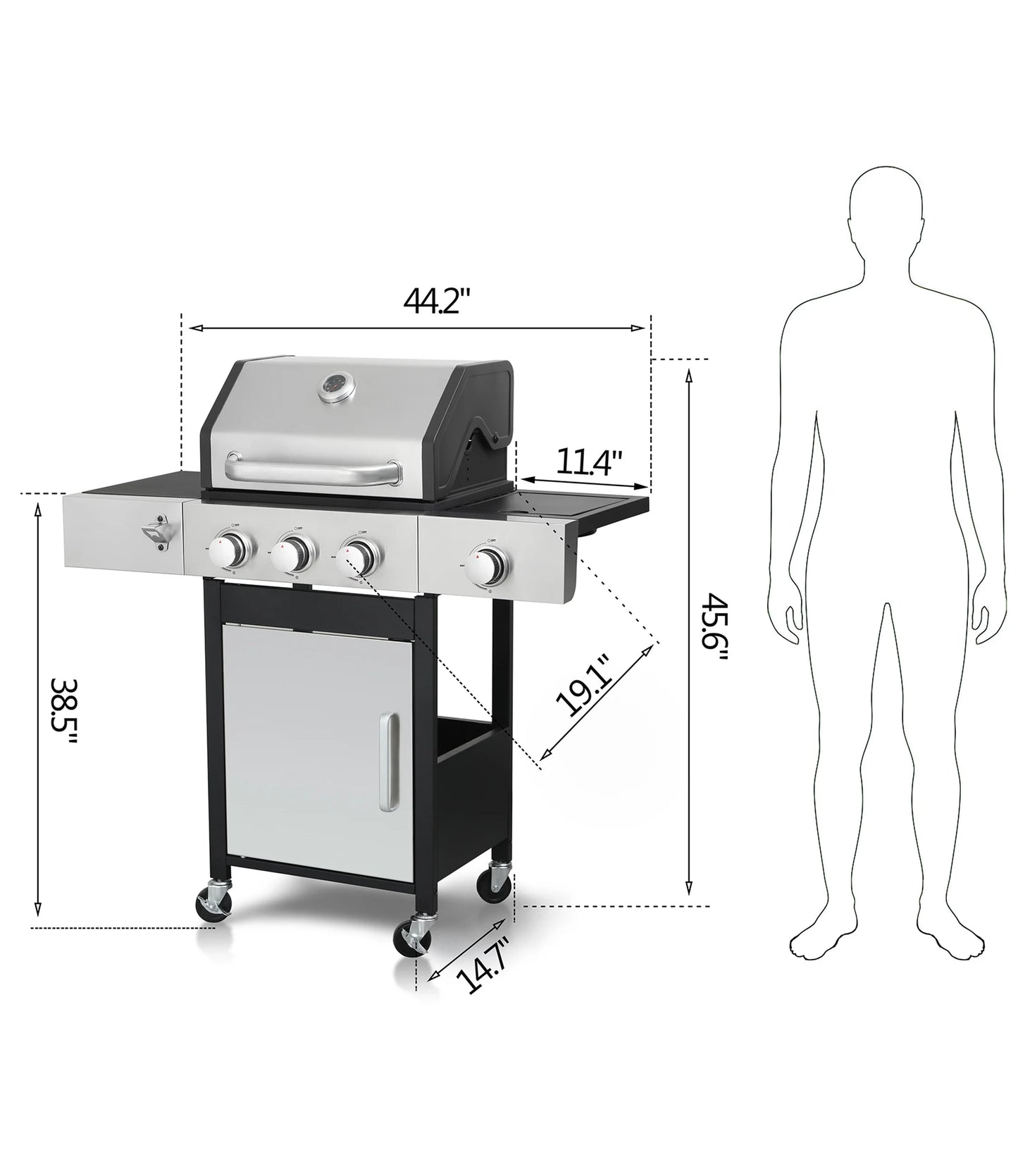 3-Burner Gas Grill with Side Burner, 37230 BTU Propane BBQ Grill with Porcelain-Enameled Cast Iron Grates, Build in Thermometer, Ideal for Patio Camping Outdoor Cooking