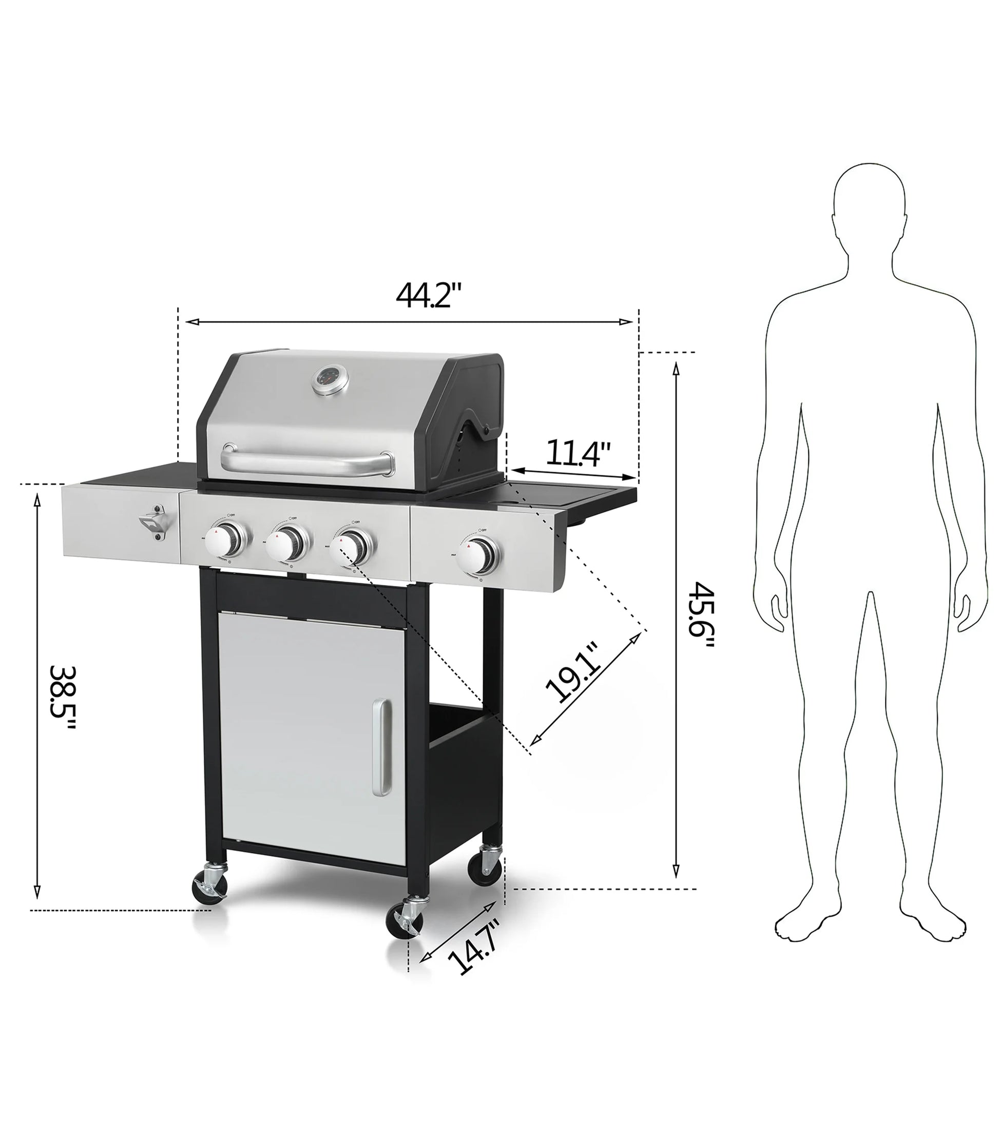 3-Burner Gas Grill with Side Burner, 37230 BTU Propane BBQ Grill with Porcelain-Enameled Cast Iron Grates, Build in Thermometer, Ideal for Patio Camping Outdoor Cooking