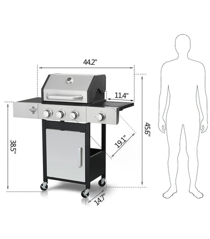 3-Burner Gas Grill with Side Burner, 37230 BTU Propane BBQ Grill with Porcelain-Enameled Cast Iron Grates, Build in Thermometer, Ideal for Patio Camping Outdoor Cooking
