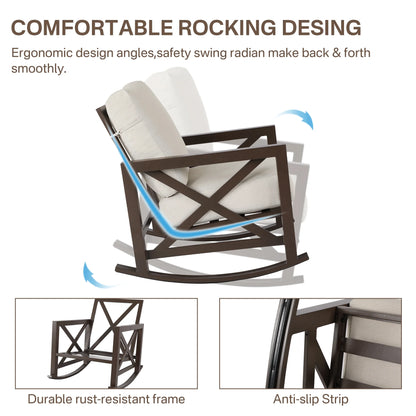 NATURAL EXPRESSIONS Sunbrella Rocking Bistro Set, 3 Piece Outdoor Patio Conversation Furniture Set with 6.5'' Thick Cushions Wood Grain Finish Frame for Backyard,Porch,Poolside