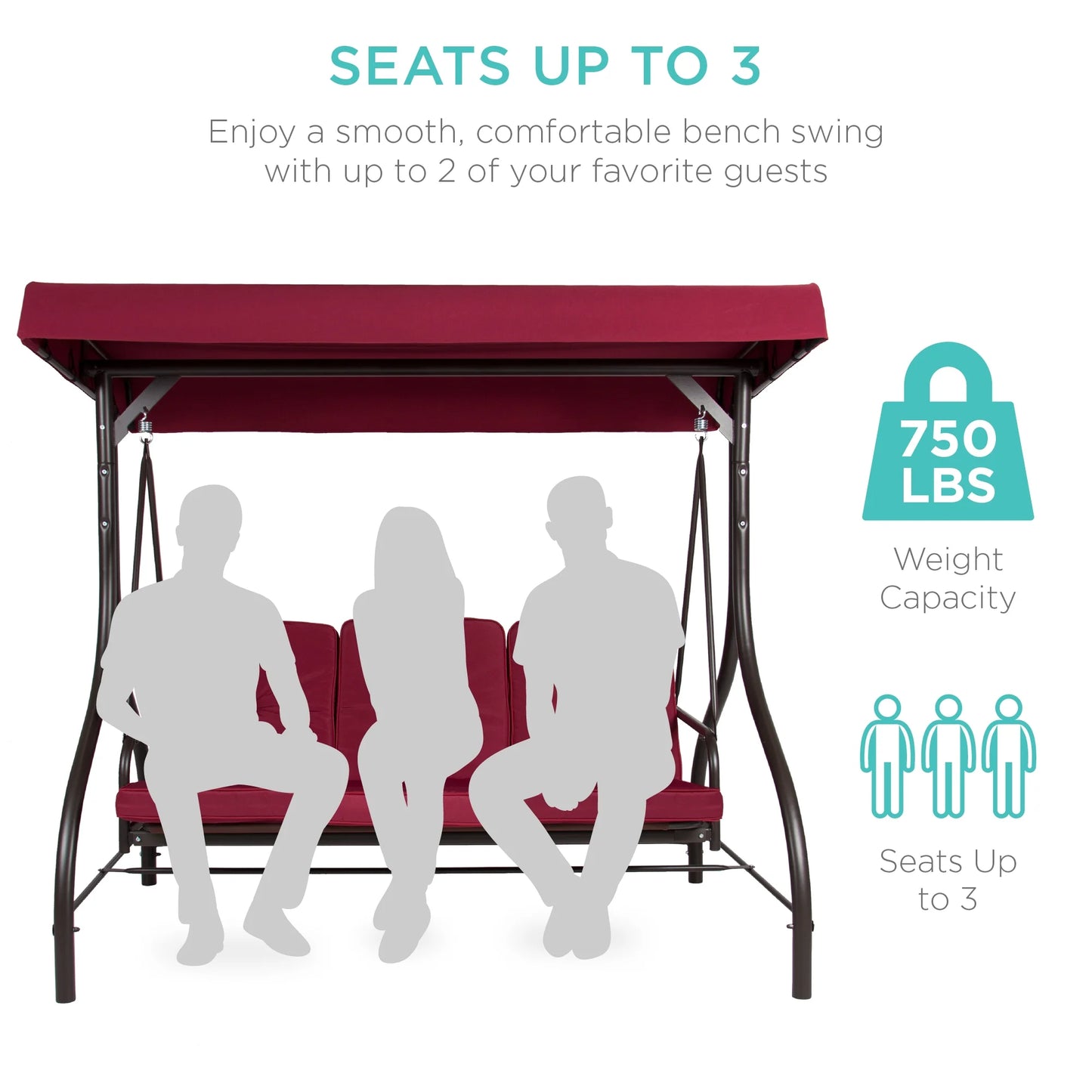Best Choice Products 3-Seat Outdoor Converting Canopy Swing Glider Patio Hammock w/Removable Cushions - Burgundy