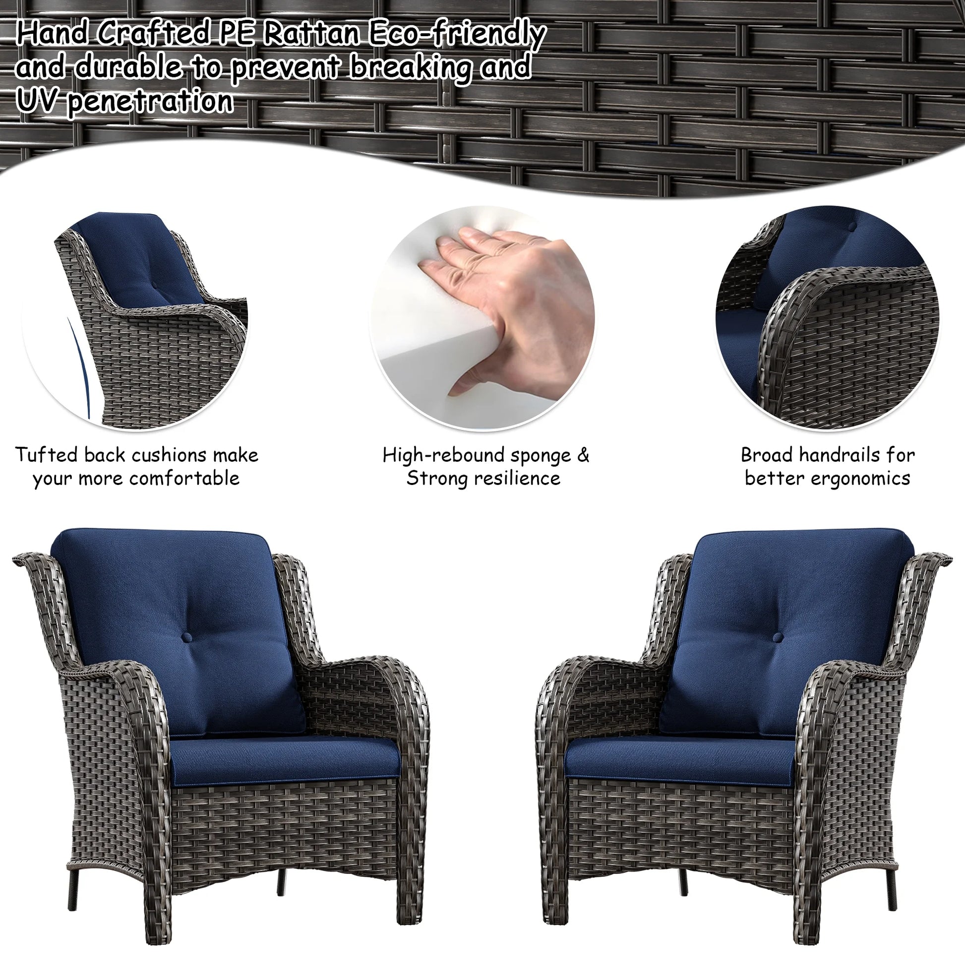 Meetleisure Patio Wicker Outdoor Lounge Chair with Cushion(Set of 2), Navy