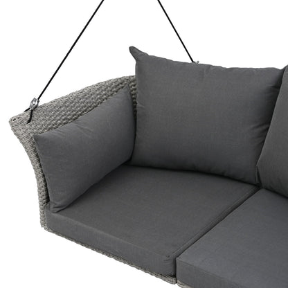 2-Person Porch Swing, 51.9" Patio Swing, Rattan Woven Porch Swings Outdoor with Ropes, Gray Wicker and 2 Back Cushions Capacity 500lbs for Garden, Balcony, Living Room