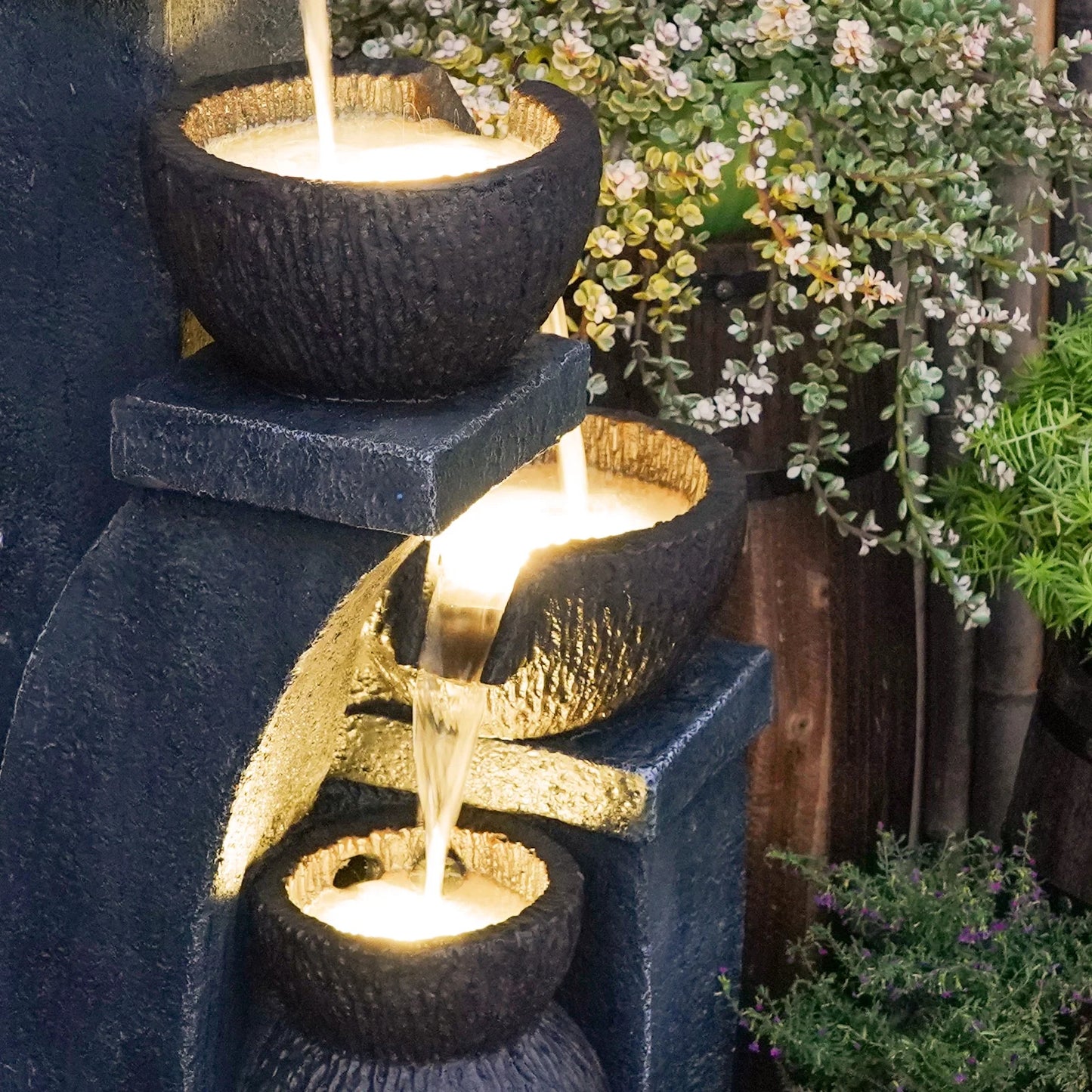 Outdoor Water Garden Fountain 37.40° F Waterfall Small Fountains Cascading Bowl and Jar Water Feature with LED Light for Backyard Patio Porch and Home Art Decor