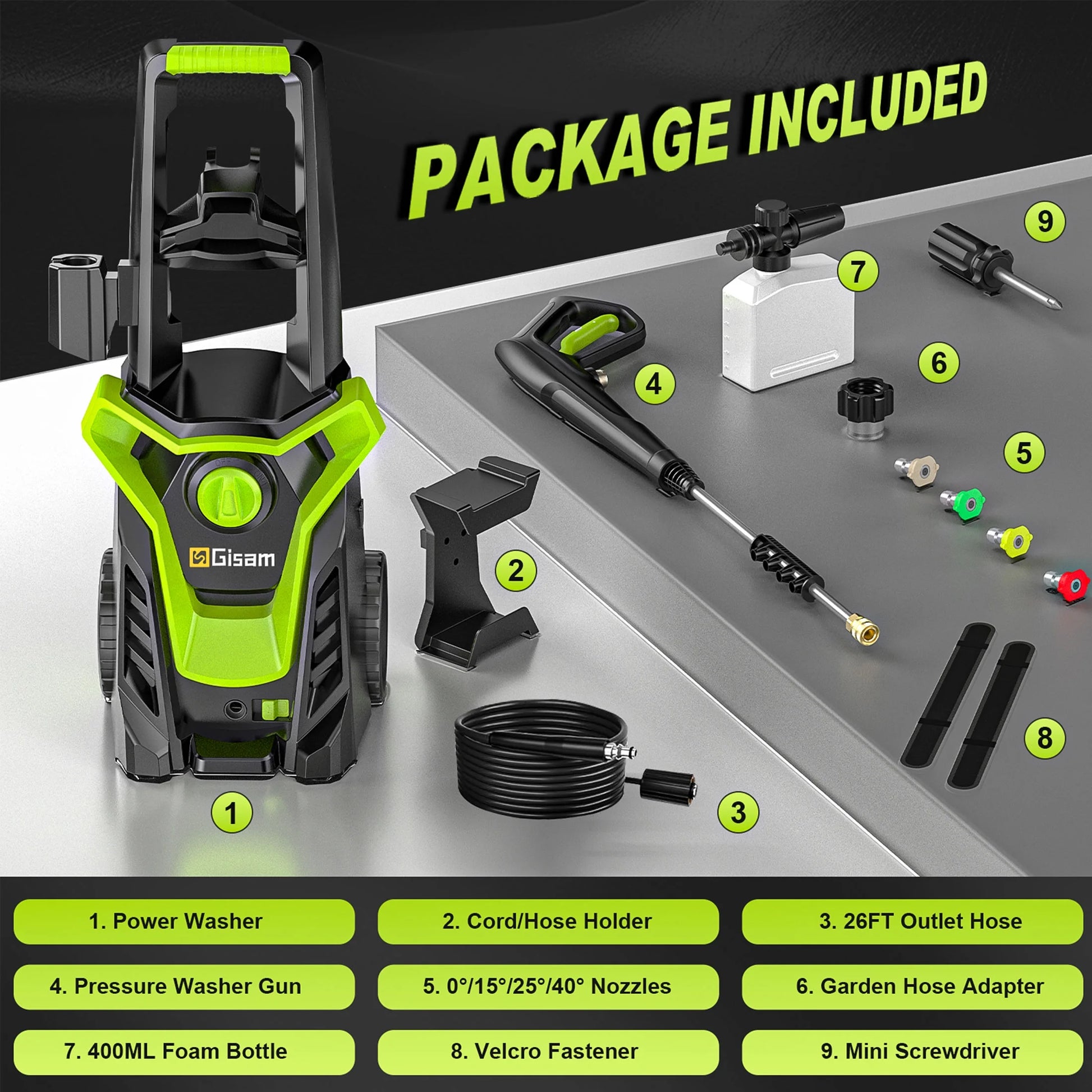 Gisam Electric High Pressure Washer, 4300 PSI 2.5 GPM, with 4 Quick Connect Nozzles, Foam Can, for Cars/Fences/Driveways/Patios/Home Cleaning