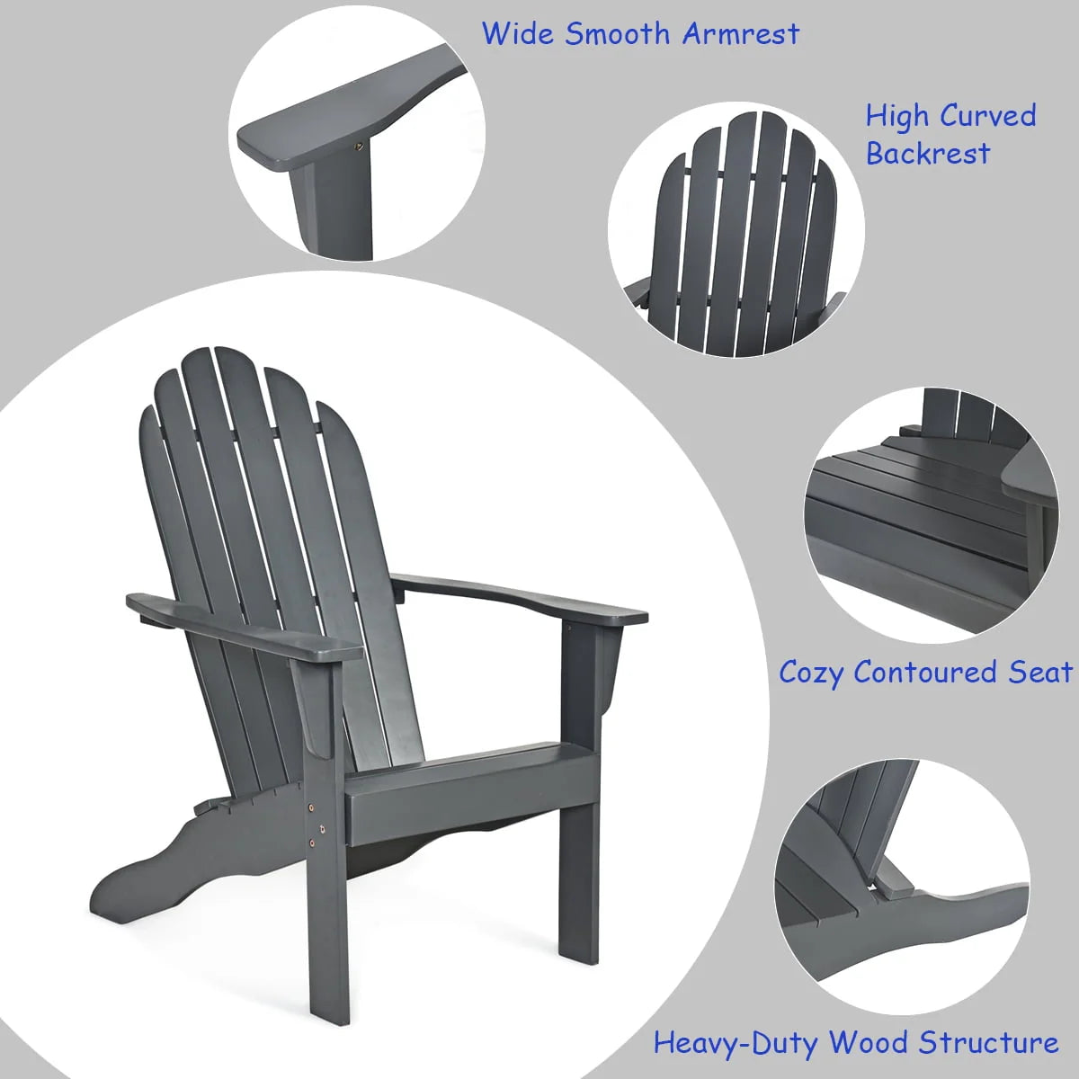 Costway Outdoor Adirondack Chair Accent Chair Solid Wood Durable Patio Garden Deck Furniture Gray