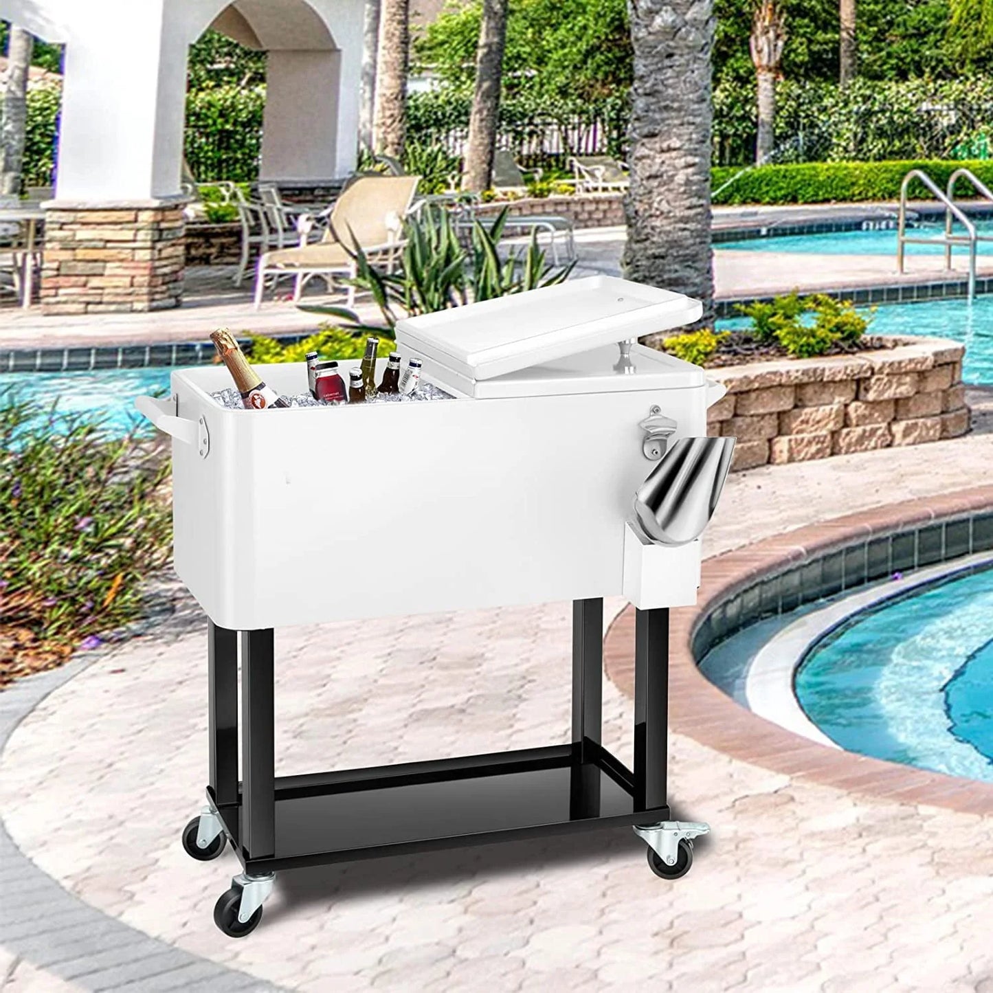 80 Quart Rolling Cooler Cart Ice Chest for Outdoor Patio Deck Party Portable Party Bar Cold Drink Beverage Cart Tub, Backyard Cooler Trolley on Wheels with Shelf, Bottle Opener White