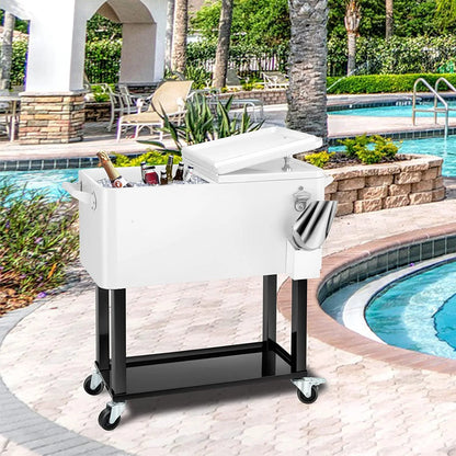 80 Quart Rolling Cooler Cart Ice Chest for Outdoor Patio Deck Party Portable Party Bar Cold Drink Beverage Cart Tub, Backyard Cooler Trolley on Wheels with Shelf, Bottle Opener White