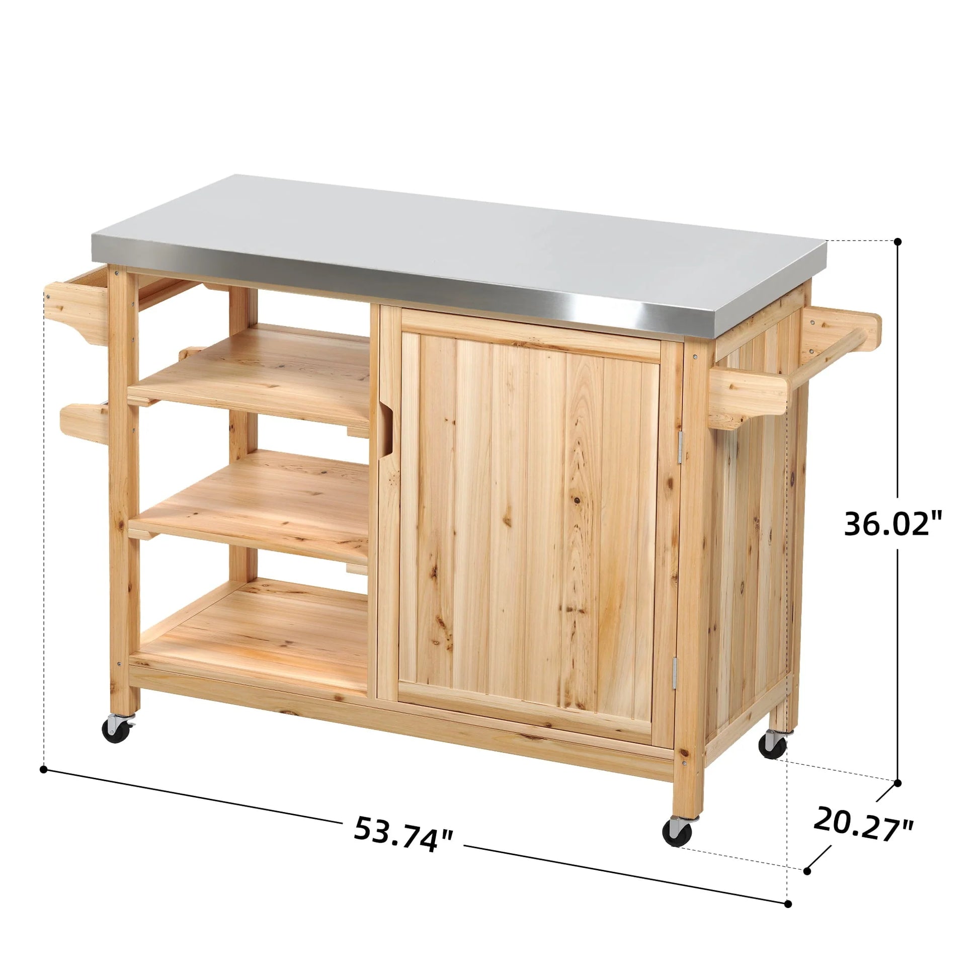 DWVO Outdoor Table and Storage Cabinet Solid Wood Movable Grill Table with Stainless Steel Top for Outside Patio Kitchen Island or Bar Cart