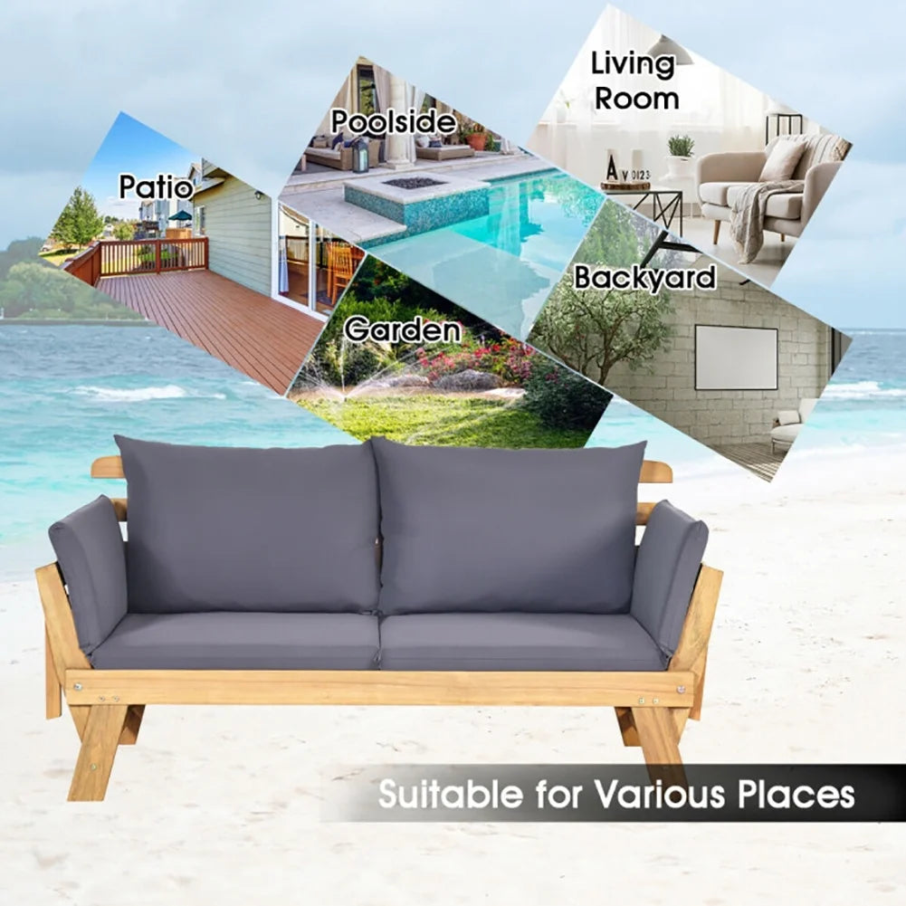 Canddidliike Patio Convertible Solid Wood Sofa with Cushion, Wood Frame Sofa, Sectional Sofa Set Ottoman