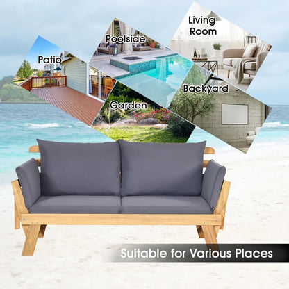 Canddidliike Patio Convertible Solid Wood Sofa with Cushion, Wood Frame Sofa, Sectional Sofa Set Ottoman