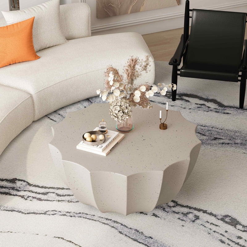 FFH 35.43" Coffee Table for Indoor & Outdoor, Modern Cement Table for Living Room, Patio, Backyards, White