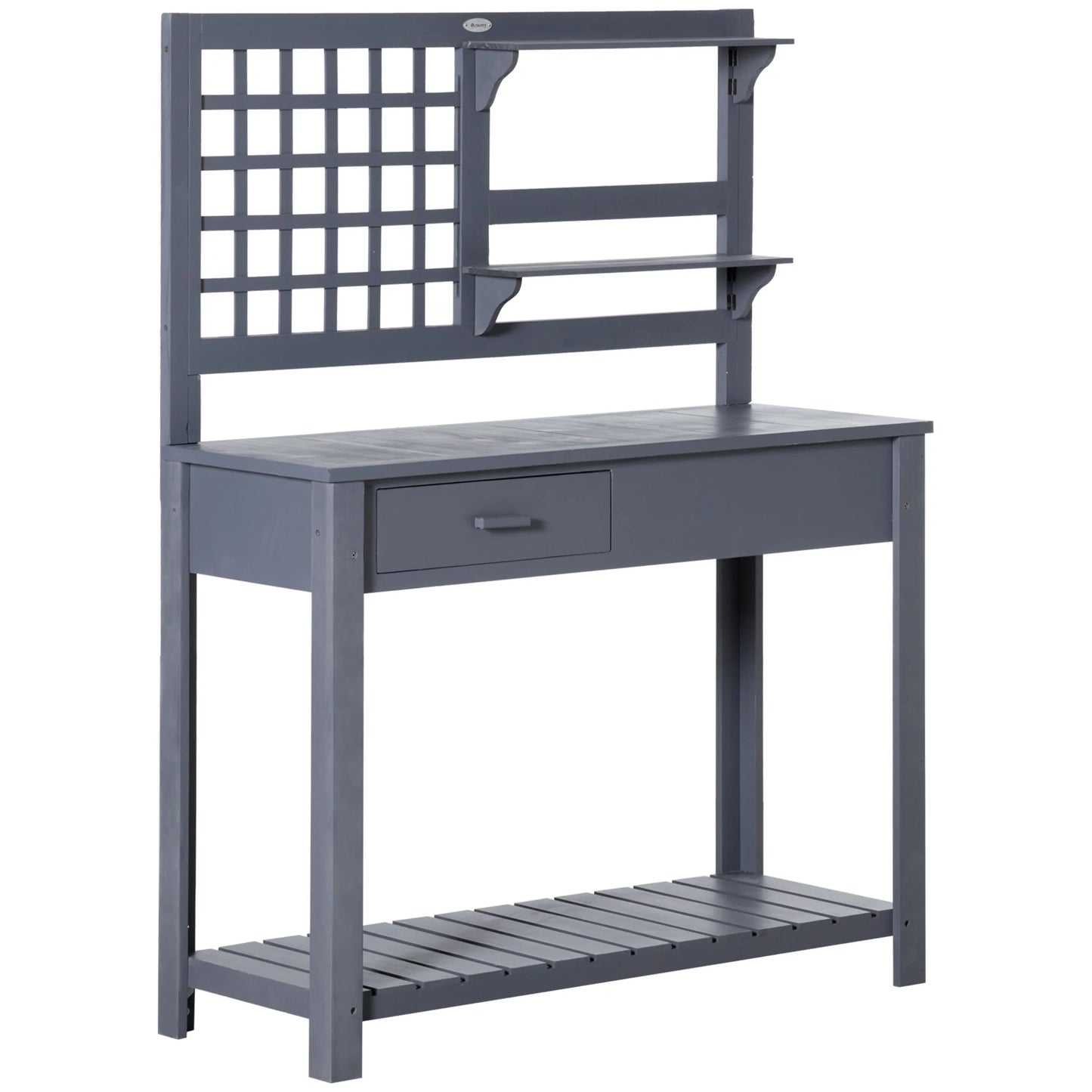 Outsunny Potting Bench Table, Garden Work Bench, Outdoor Wooden Workstation with Tiers of Shelves and Drawer for Patio, Courtyards, Balcony, Grey