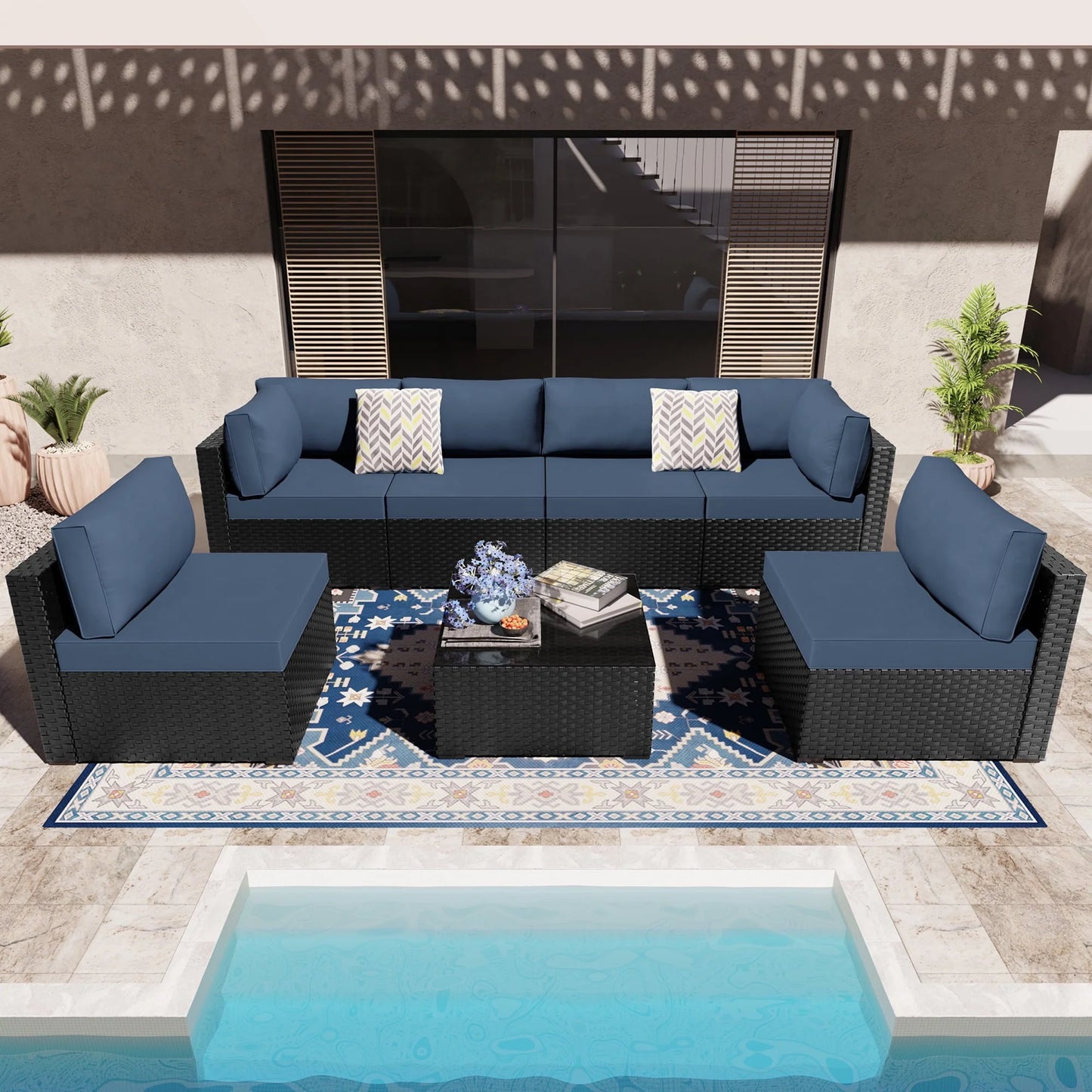 Walsunny 7 Pieces Outdoor Sectional Sofa Furniture Sets, All-Weather Black Wicker Patio Furniture Sets with Tea Table and Washable Couch Cushions Aegean Blue