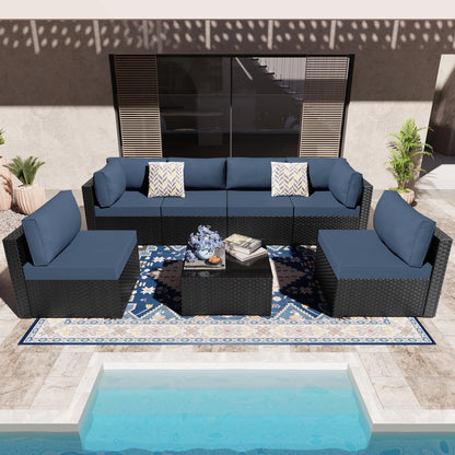 Walsunny 7 Pieces Outdoor Sectional Sofa Furniture Sets, All-Weather Black Wicker Patio Furniture Sets with Tea Table and Washable Couch Cushions Aegean Blue