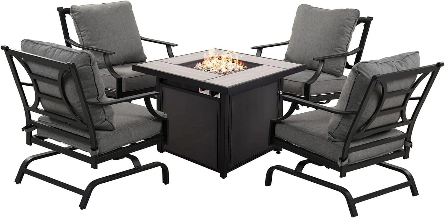 Grand Patio 5-Piece Patio Furniture Conversation Sets with Propane Fire Pit Table Cushioned Rocking Chairs Set of 4, Steel Frame, Gray