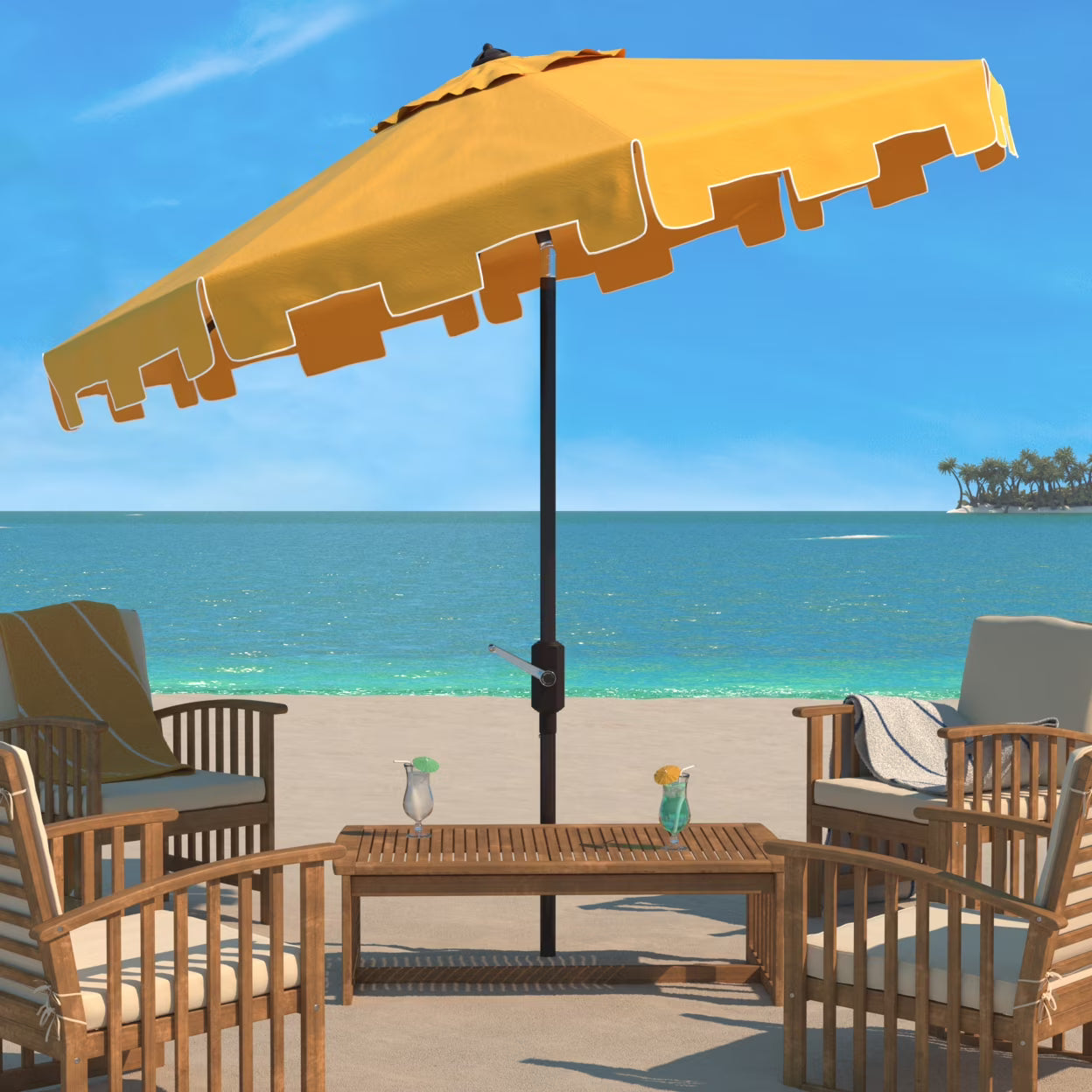 SAFAVIEH Zimmerman 11' Market Crank Round Patio Umbrella, Baby Blue/White