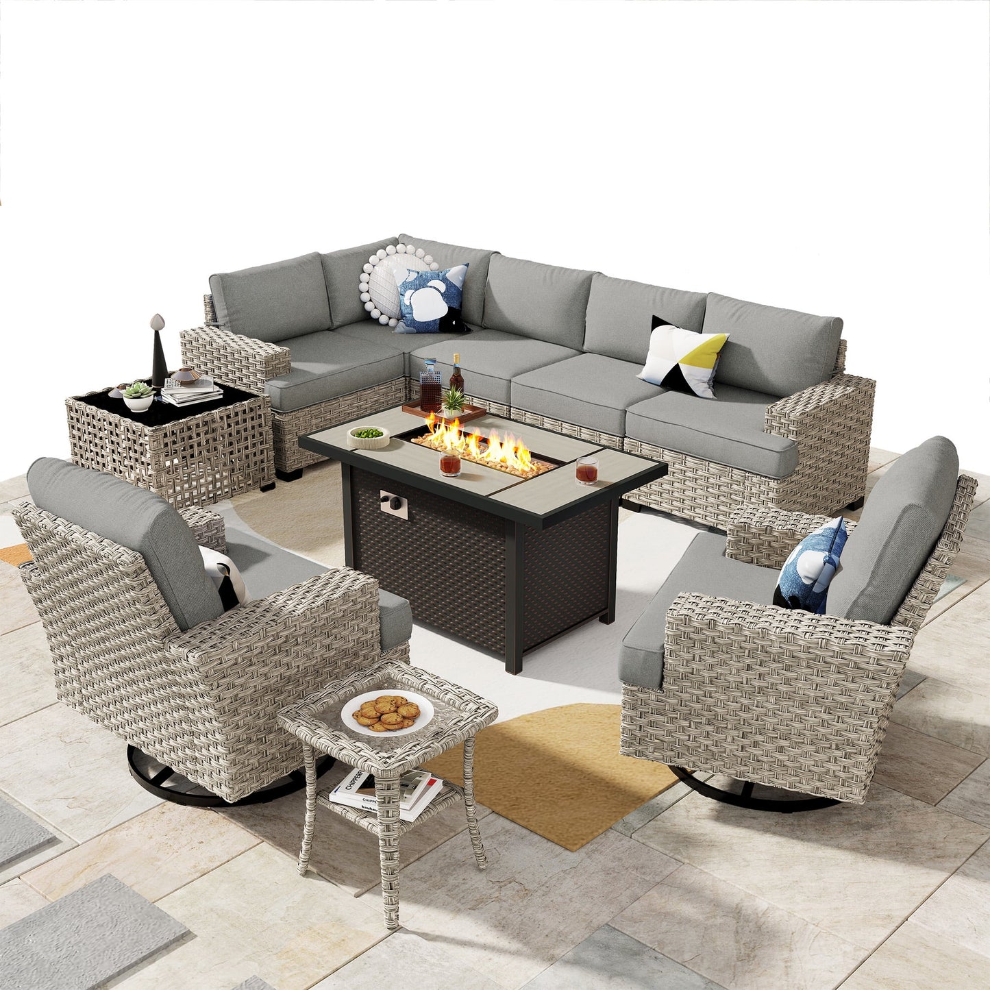 Ovios 10 Pieces Outdoor Patio Furniture Modern High-Back All-Weather Wicker Sectional Conversation Set with Propane Fire Pit Table & Swivel Chair, Dark Gray