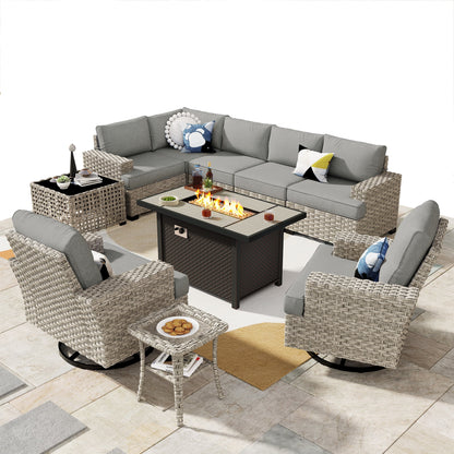 Ovios 10 Pieces Outdoor Patio Furniture Modern High-Back All-Weather Wicker Sectional Conversation Set with Propane Fire Pit Table & Swivel Chair, Dark Gray