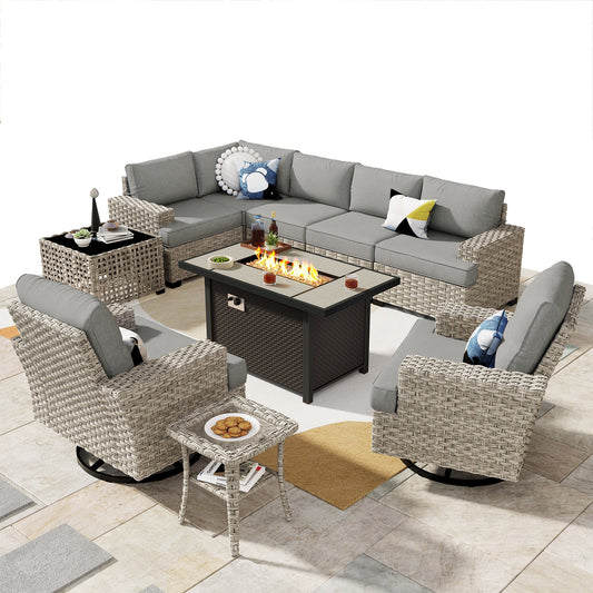 Ovios 10 Pieces Outdoor Patio Furniture Modern High-Back All-Weather Wicker Sectional Conversation Set with Propane Fire Pit Table & Swivel Chair, Dark Gray