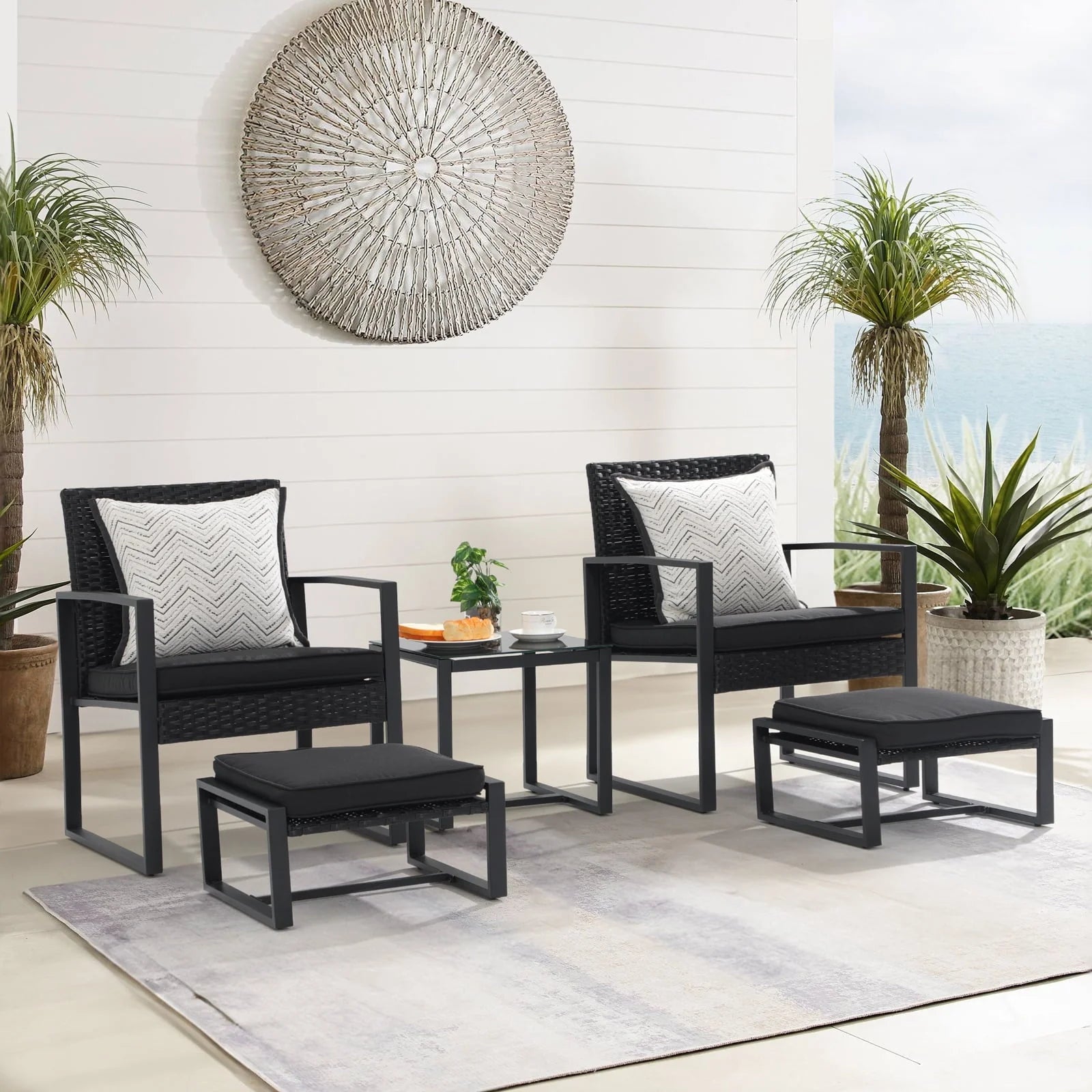 Orange-Casual 5-Piece Outdoor Furniture Set, Patio Steel Wicker Conversation Set, with Ottomans & Soft Washable Cushions, Black
