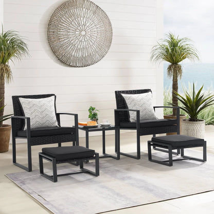 Orange-Casual 5-Piece Outdoor Furniture Set, Patio Steel Wicker Conversation Set, with Ottomans & Soft Washable Cushions, Black
