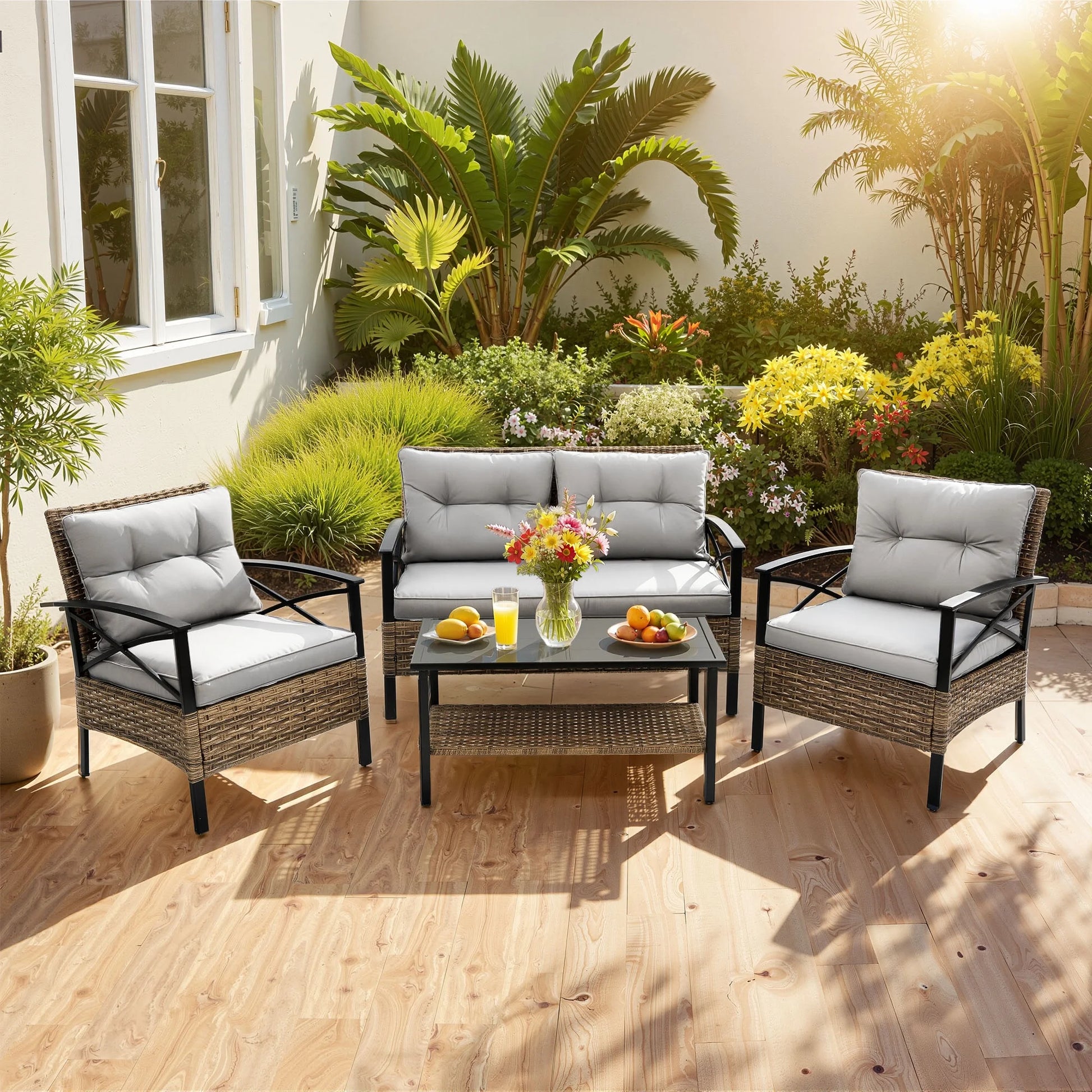 Patio Sofa Set, 4 Pieces Outdoor Sectional Furniture, All-Weather PE Rattan Wicker Patio Conversation Set, Cushioned Sofa Set with Coffee Table for Patio Garden Poolside Deck